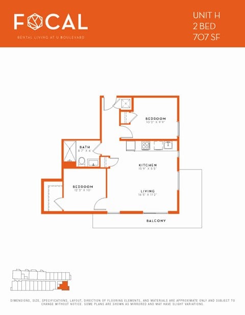 Floor plan for 2 beds, 1 bath, 735 sqft